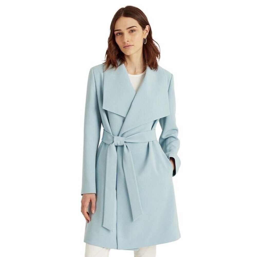 Lauren Ralph Lauren Petite XL Crepe Belted Wrap Coat Dusty Blue $200